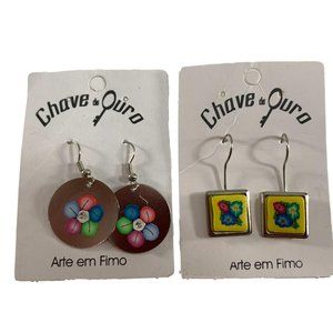 Chave de Ouro Fimo Art Earrings Lot of 2 Dangle Flowers Yellow Blue Pink